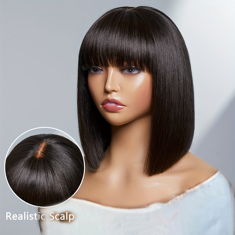Medium Long Straight Bob Cut Lace Front Wig with Bangs