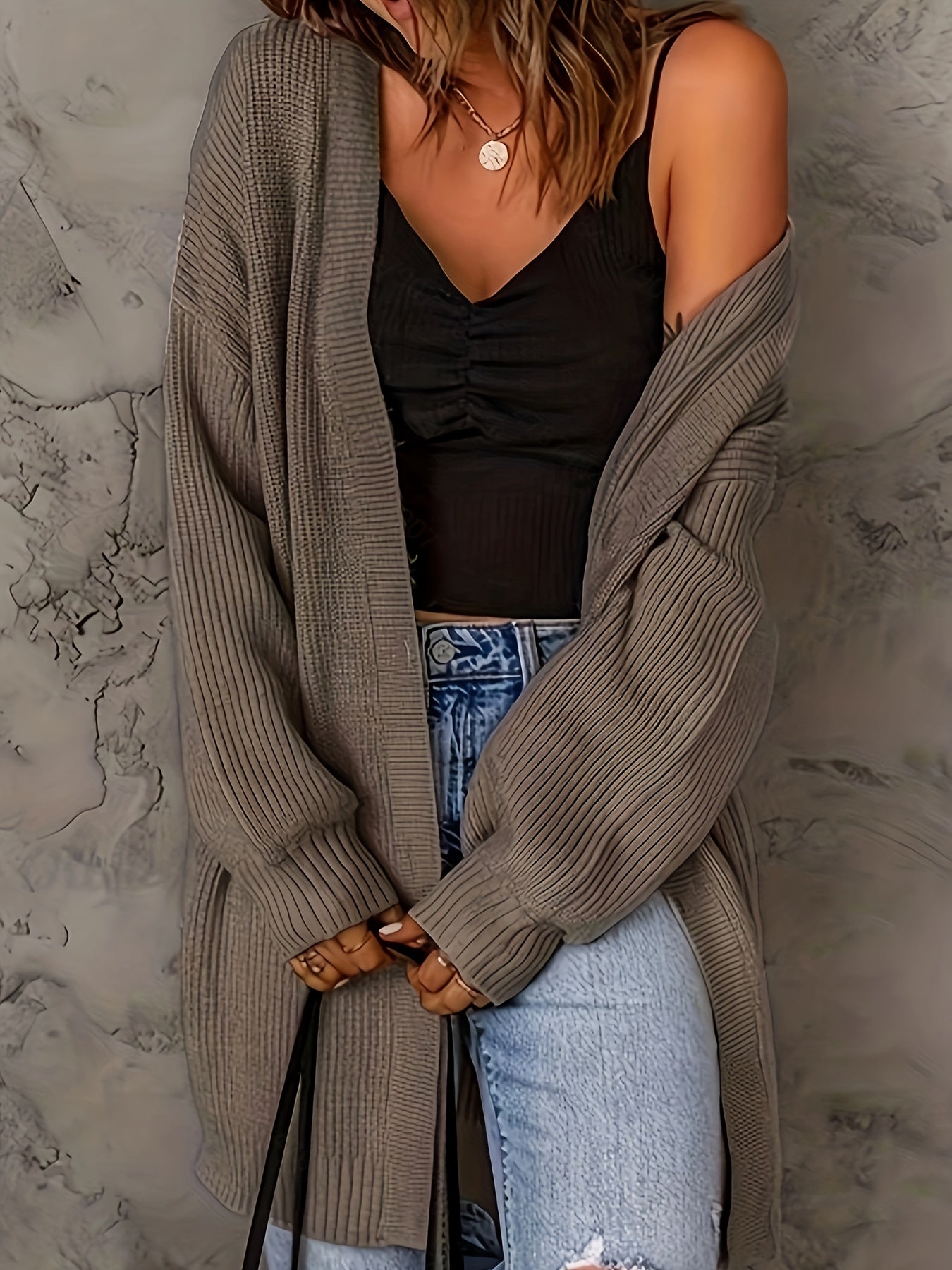  Solid Long Sleeve Open Front Cardigan