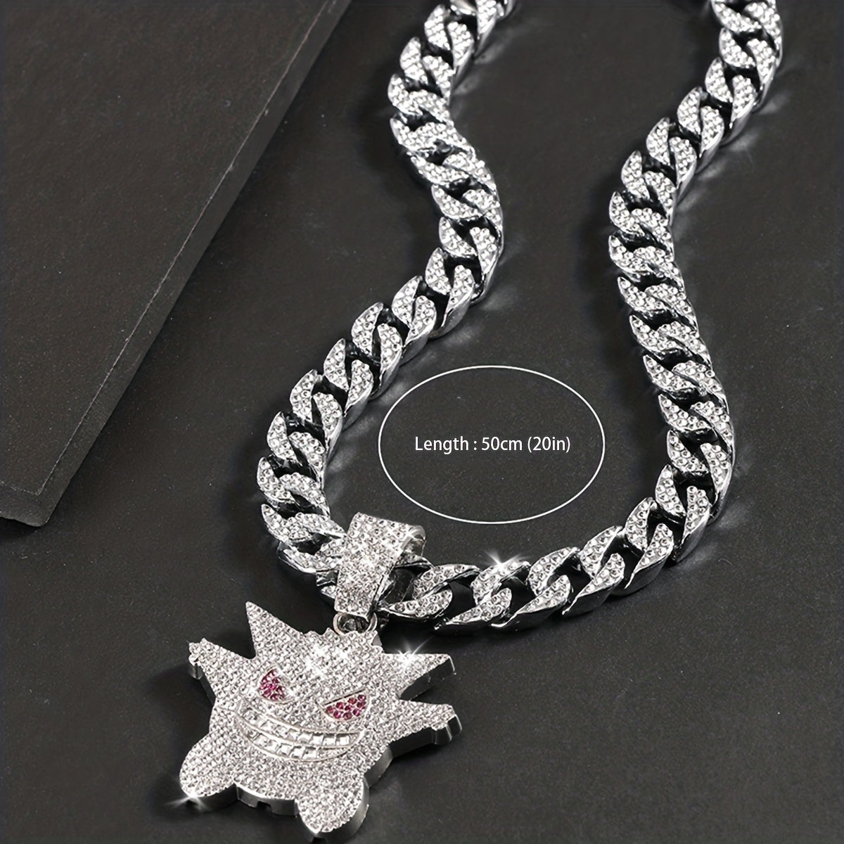 Women's Hip Hop Punk Ghost Pendant Necklace with Rhinestones Glitter Cuban Chain