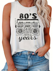  Casual Tank Top Women's Plus Radio & Letter Print Round Neck Tank Top