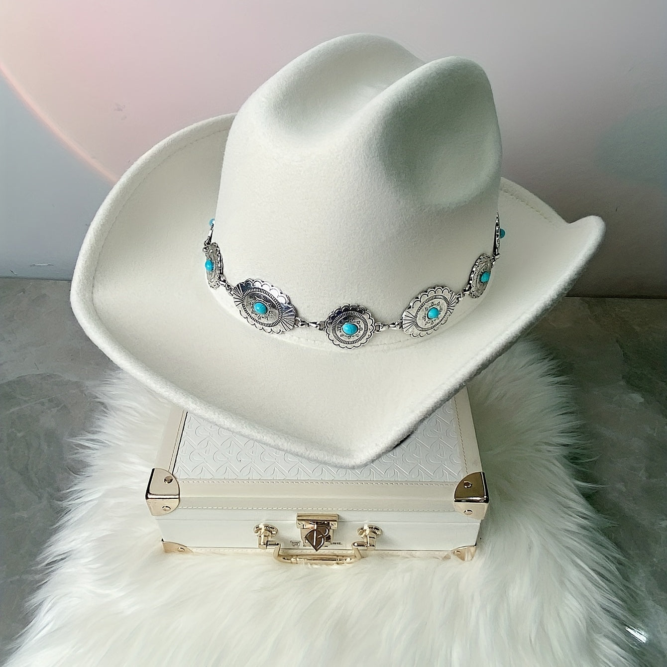 Boho Turquoise Chain Fedora Cap Vintage Solid Jazz Hat Unisex