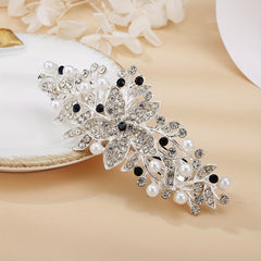 Silver Faux Pearl Leaf Hair Clip Non-Slip Barrette Rhinestone Head Jewelry