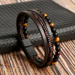 Layered Braided Leather Bracelet Tiger Eyestone Beaded Punk Accessory