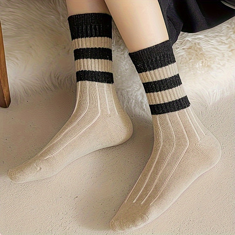 5 Pairs Striped Crew Socks Soft & Comfy Women's Stockings