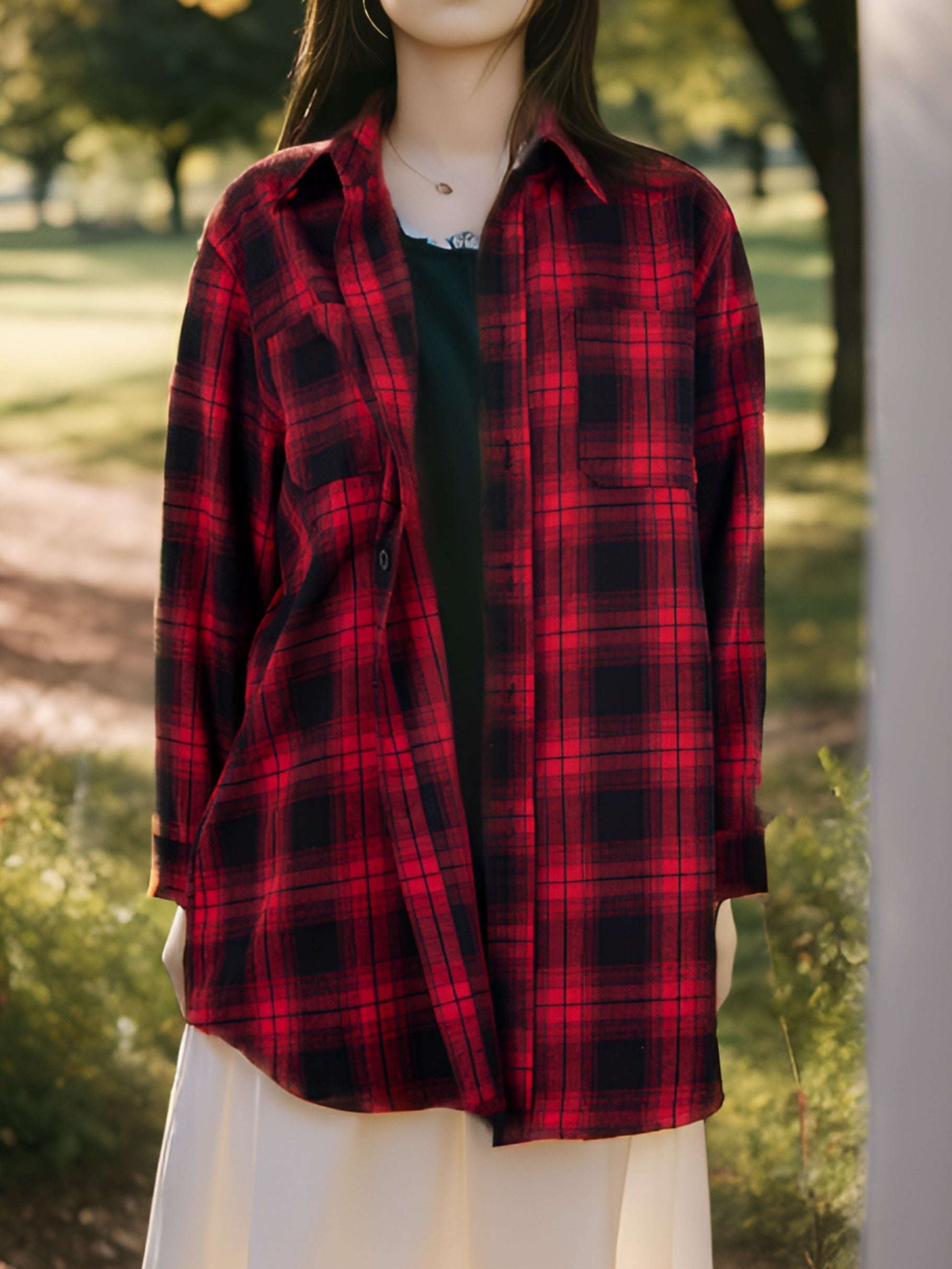  Casual Plaid Print Button Up Long Sleeve Shacket