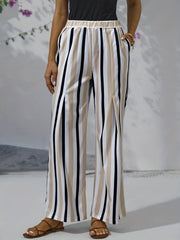  Striped Print Wide Leg Pants With Pockets