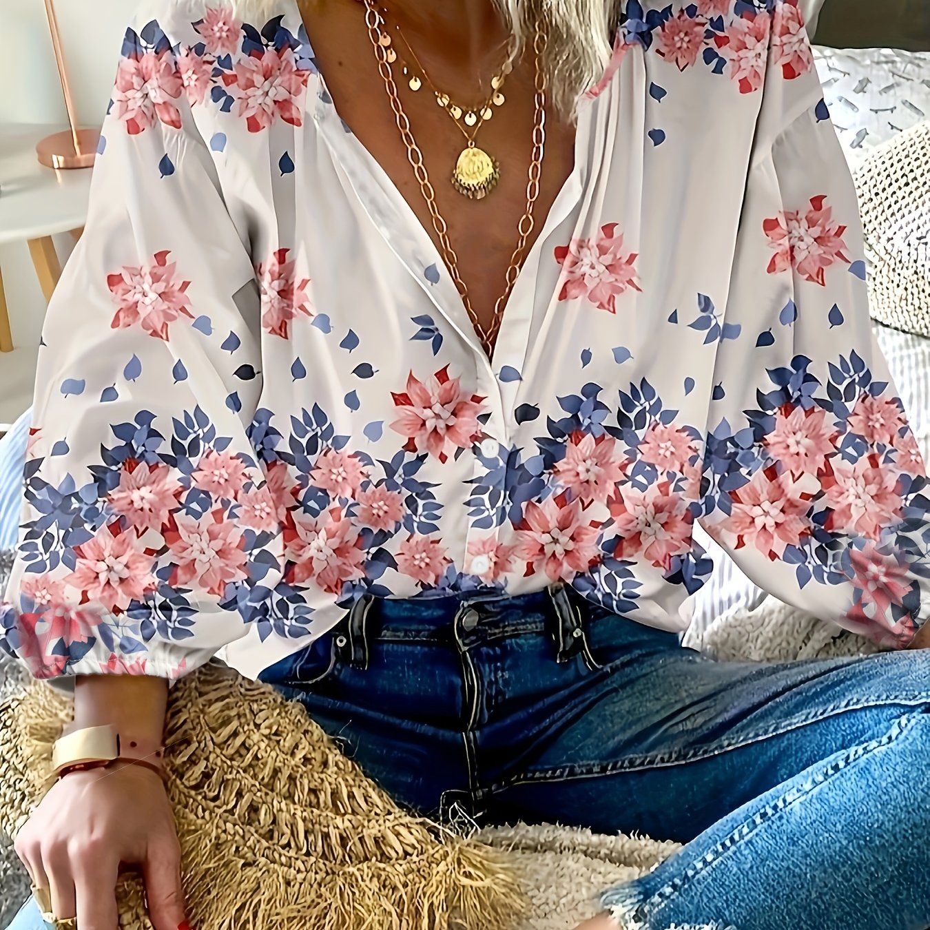  Boho Blouse Women's Floral Print Button Up Lantern Sleeve Top