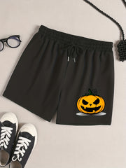  Pumpkin Print Tie Waist Pajama Shorts