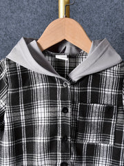 2pcs Baby Boys Plaid Short Sleeve Hooded Shirt & Shorts Set