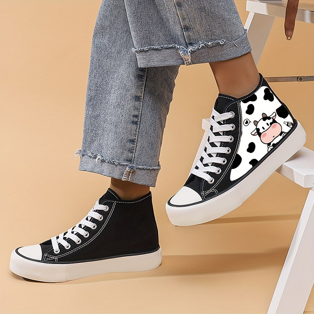 Cow Print High Top Canvas Sneakers Lace Up Skate Shoes