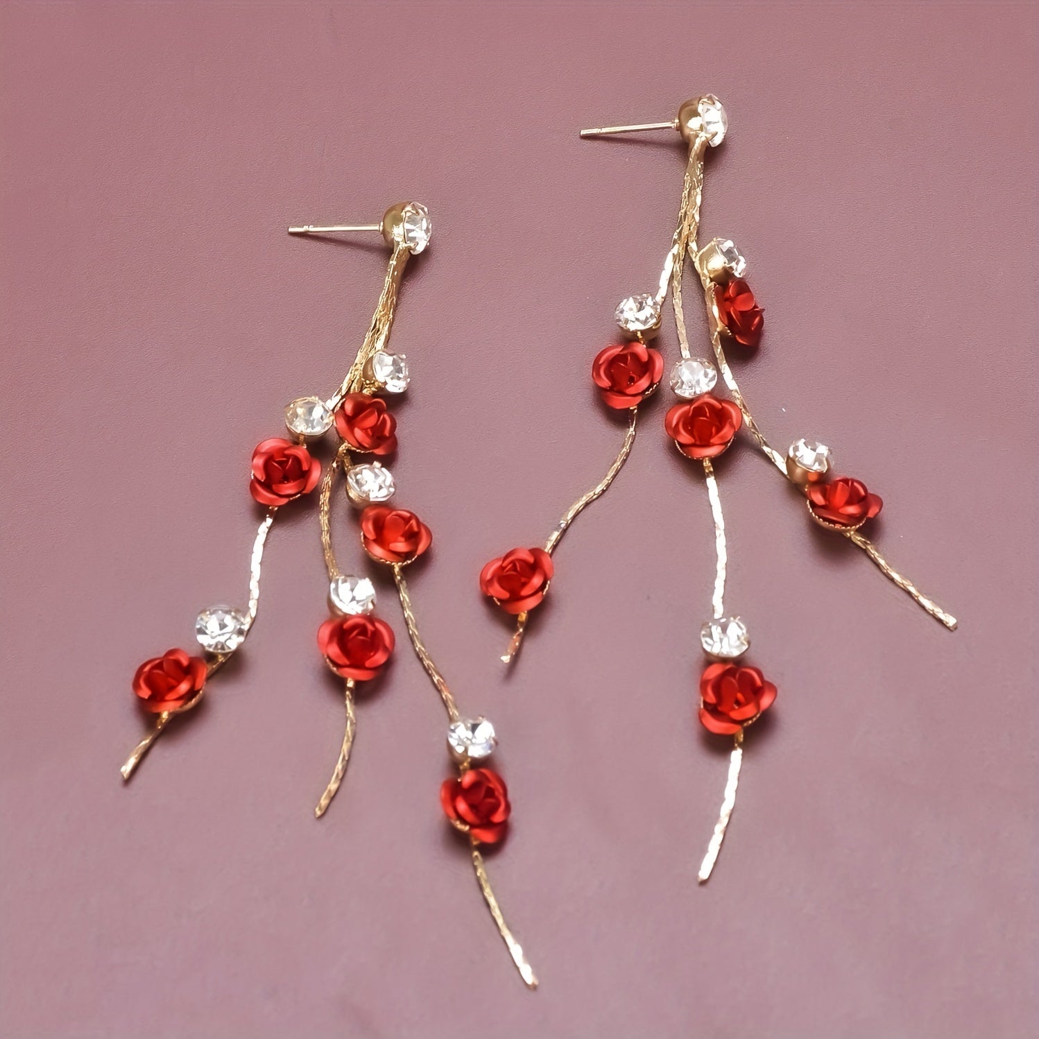 Tassel Red Rose Rhinestone Dangle Earrings