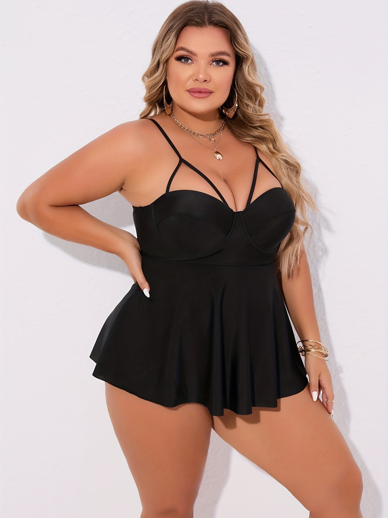  Strappy Cami Tankini Set Women's Plain Top & Underwear Two Piece