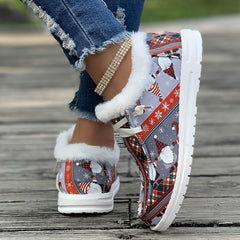 Women's Christmas Santa Print Snow Boots Winter Lace up Flats
