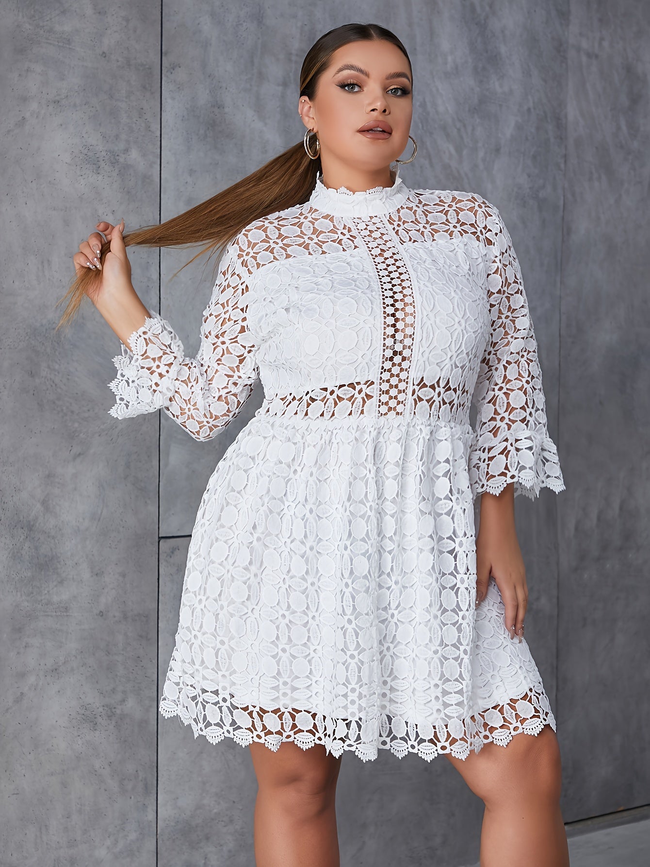  Lace Long Sleeve High Neck Dress