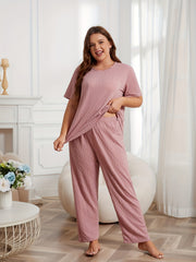  Casual Pajamas Set Solid Textured Short Sleeve Round Neck Top & Pants