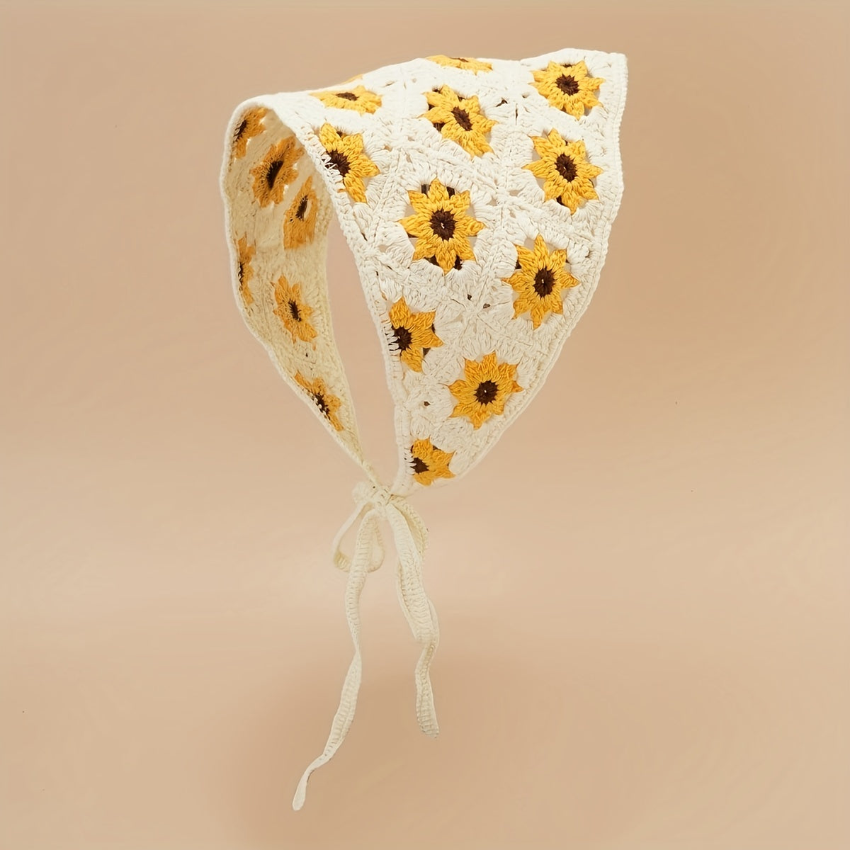 Daisy Flower Knitted Triangle Scarf Head Wrap Hollow Crochet Lace Up Turban Hat