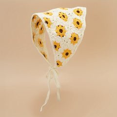 Daisy Flower Knitted Triangle Scarf Head Wrap Hollow Crochet Lace Up Turban Hat