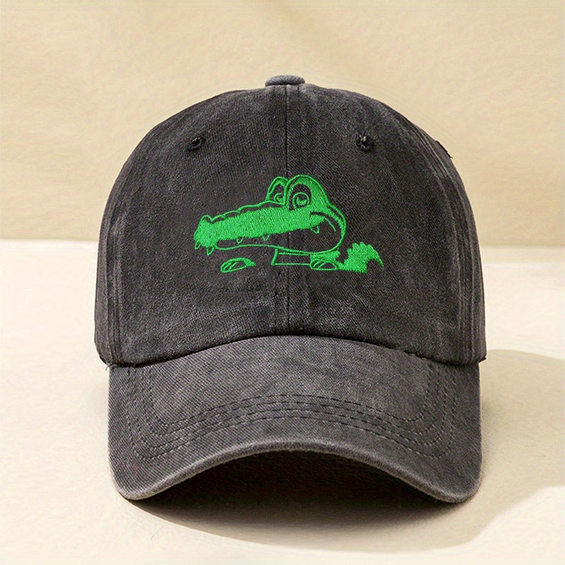 Crocodile Embroidery Baseball Cap Washed Distressed Dad Hat