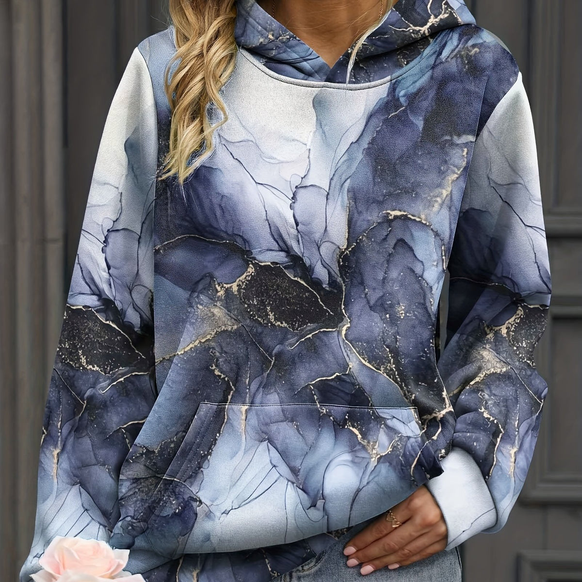 Marble Print Kangaroo Pocket Hoodie Long Sleeve Sweatshirt