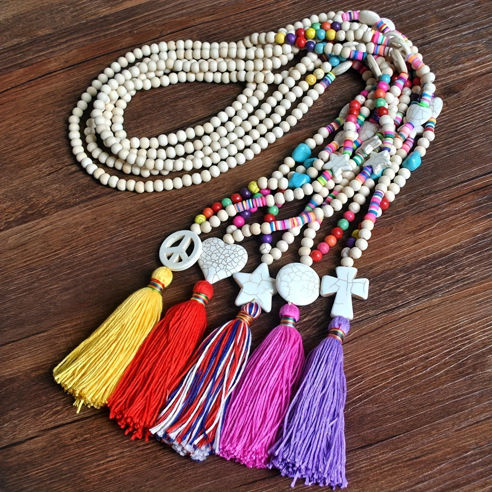 Colorful Beaded Tassel Long Necklace Stone Pendant Boho Summer Jewelry