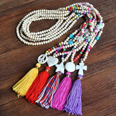 Colorful Beaded Tassel Long Necklace Stone Pendant Boho Summer Jewelry