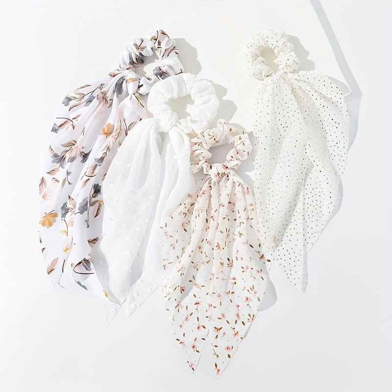 4pcs Floral Print Scarf Scrunchie Polka Dot Hair Tie for Women