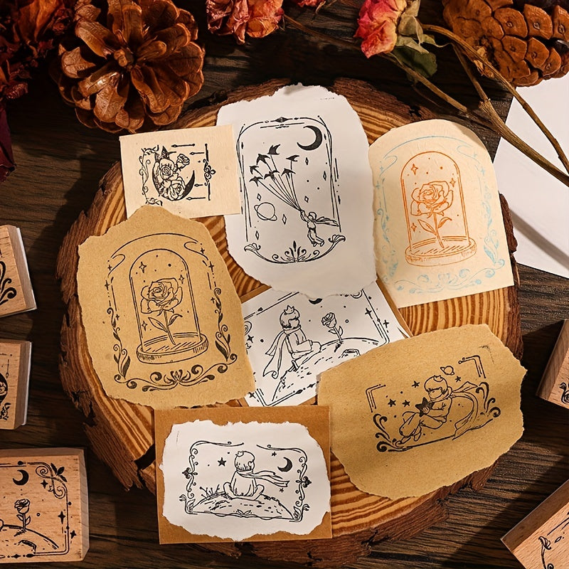 6pcs Wooden Seals Rose Prince DIY Decorative Printing Set
