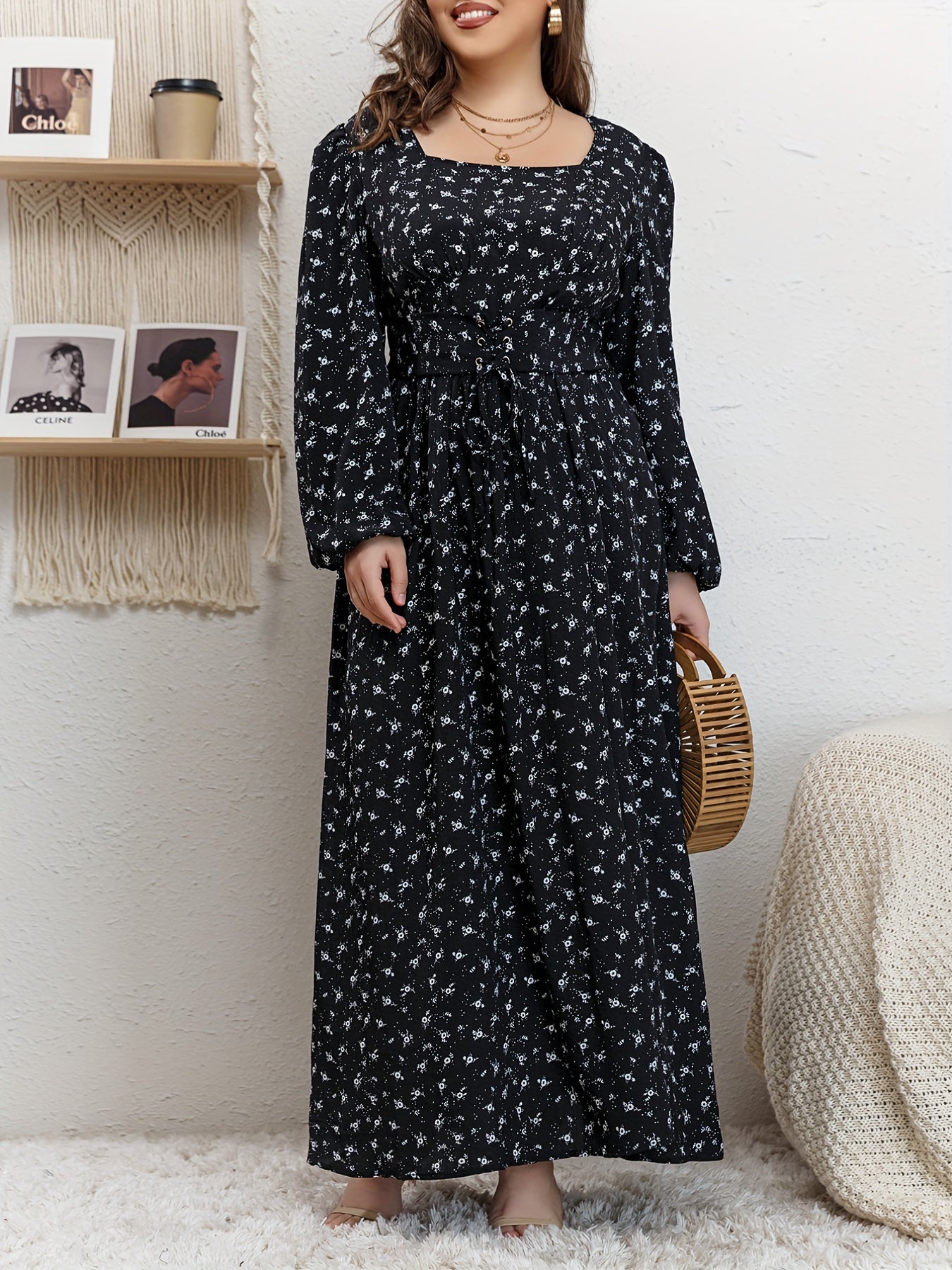  Abaya Dress Women's Plus Ditsy Floral Print Lantern Sleeve