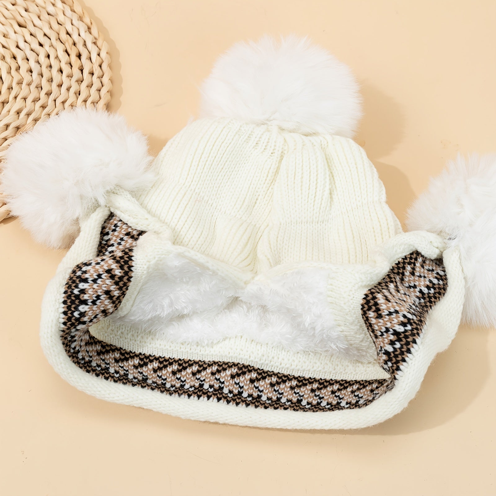 Ladies Printed Fleece Ear Protector Hat with Fur Ball