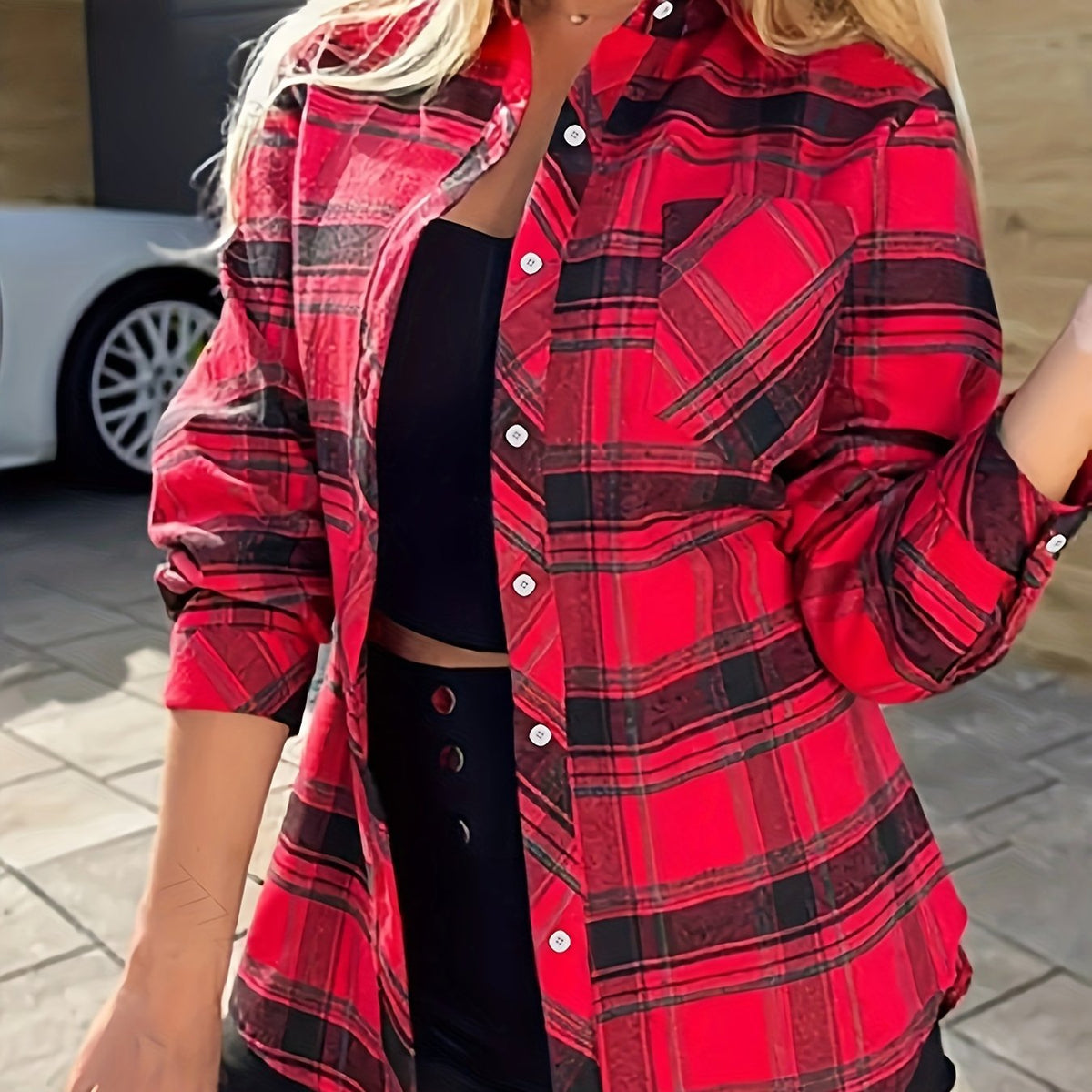  Plaid Print Long Sleeve Button Up Blouse