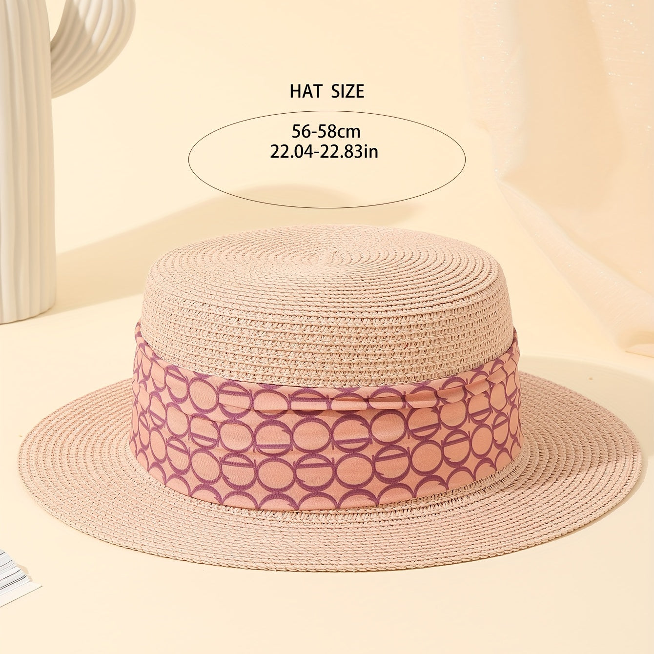 Pink Ribbon Decor Straw Hat Flat Top Jazz Sun Hat