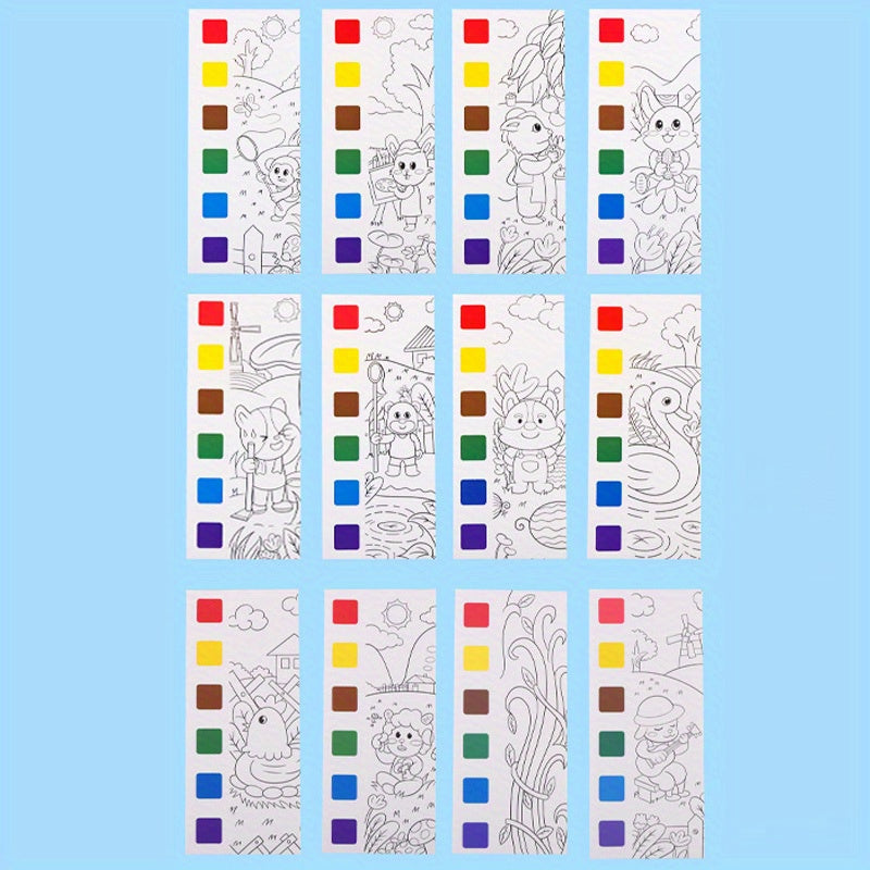 12pcs Watercolor Coloring Book for Kids, Built-in Watercolor Palette