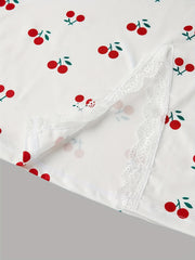  Cherry Print Lace Trim V Neck Cami Sleep Dress