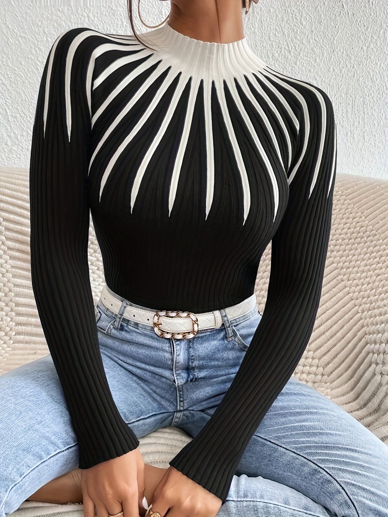 Block Knit Sweater High Neck Ribbed Sweater Women's Clothing
