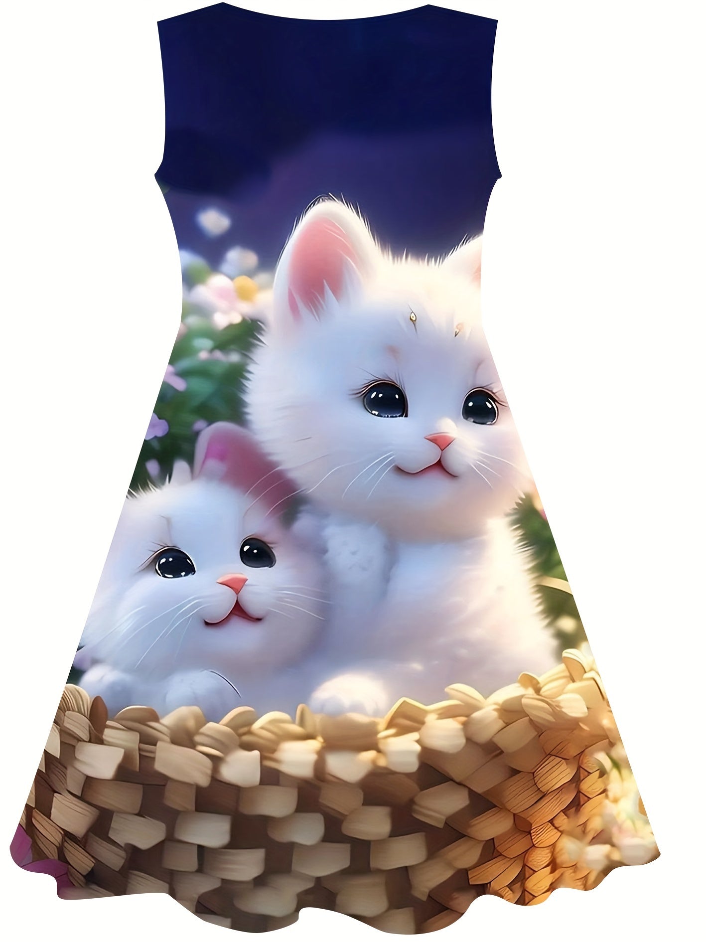 Girls Kitty Graphic Sleeveless Dress - Summer Party Gift