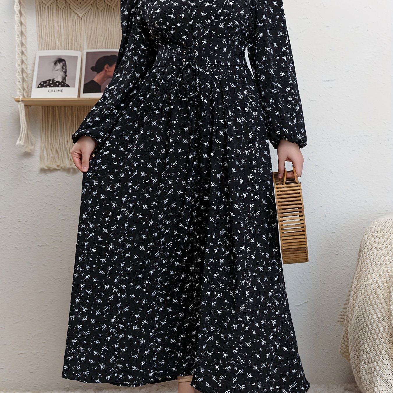  Abaya Dress Women's Plus Ditsy Floral Print Lantern Sleeve