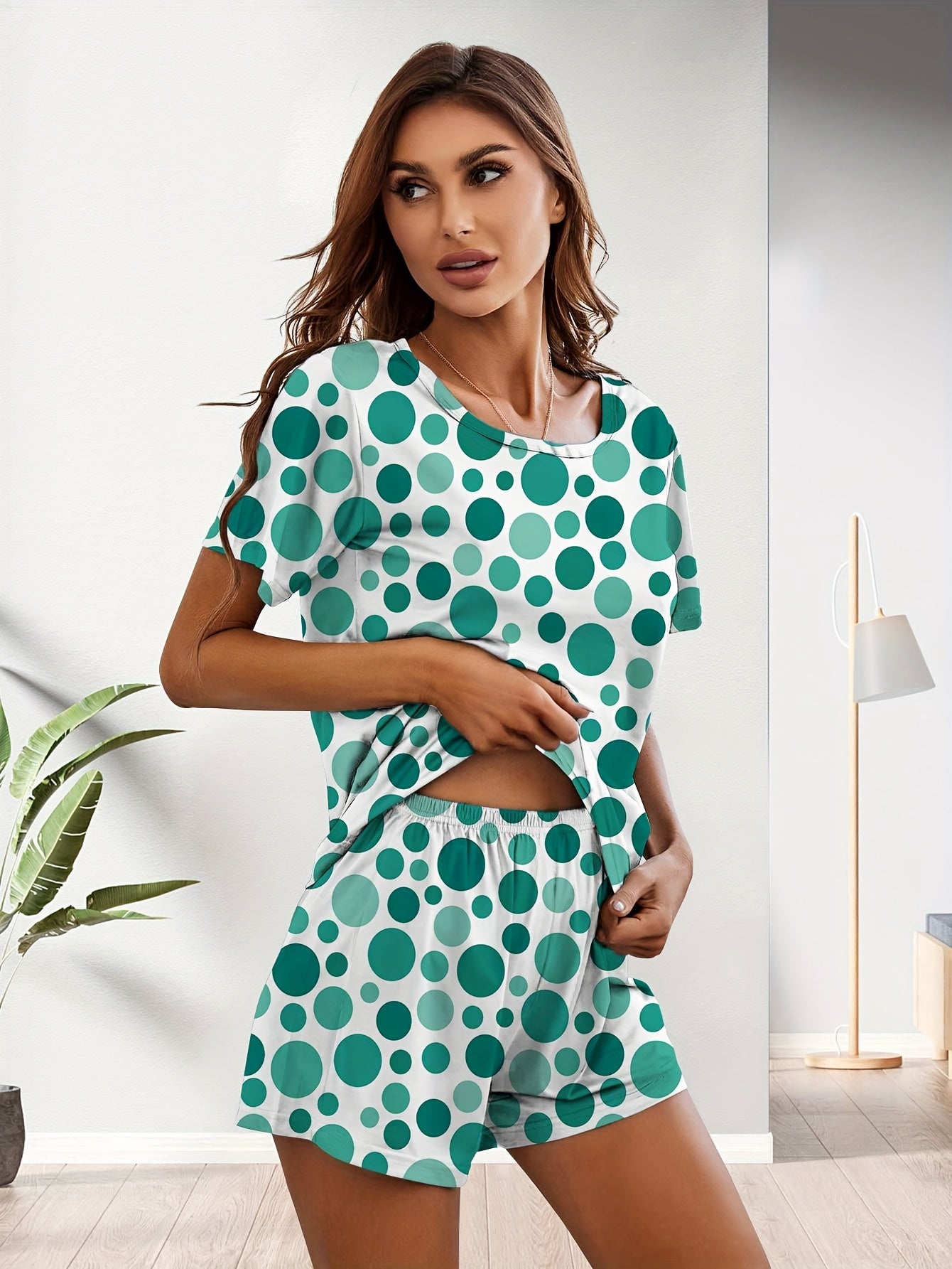Polka Dot Print Pajamas Set Short Sleeve Crew Neck Top & Shorts