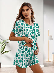 Polka Dot Print Pajamas Set Short Sleeve Crew Neck Top & Shorts