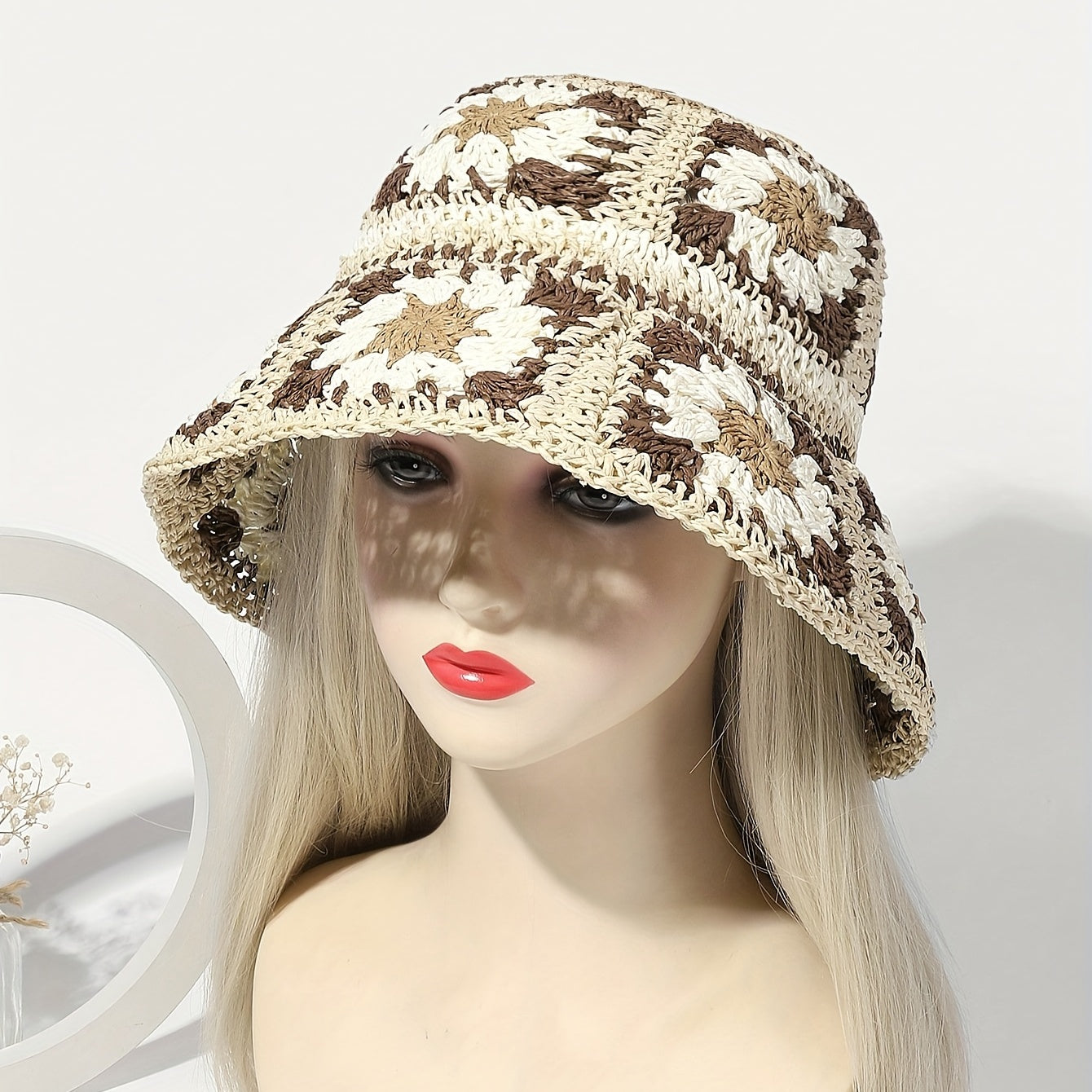 Boho Crochet Bucket Hat With Brim Hollow Out Straw Sun Hat