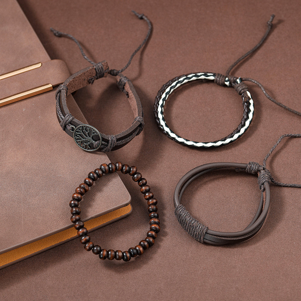 4pcs Set Men's Braided Leather Bracelets Vintage Tree Rudder Charm Brown