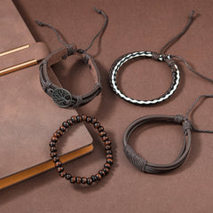 4pcs Set Men's Braided Leather Bracelets Vintage Tree Rudder Charm Brown