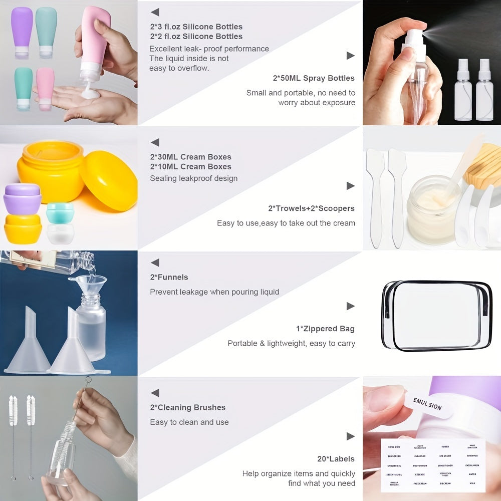 20 Pcs Leak Proof Silicone Travel Bottles Set - TSA Approved Toiletry Containers