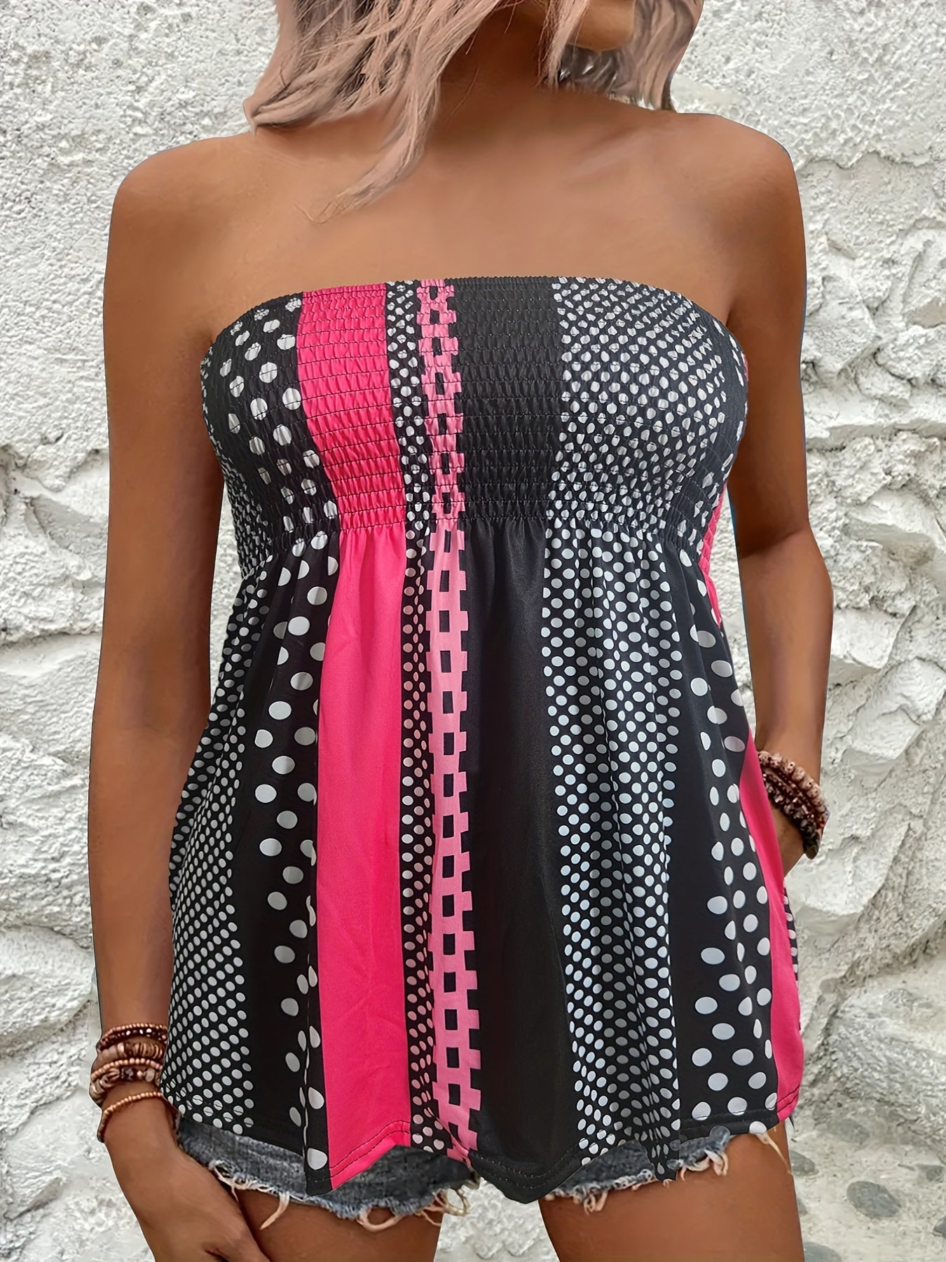 Colorblock Shirred Tube Top Geometric Print Sleeveless Top