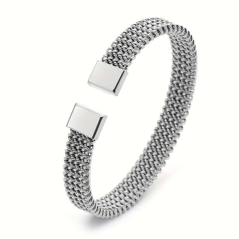 Stainless Steel Braided Flat C Open Bracelet Men Women
