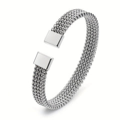 Stainless Steel Braided Flat C Open Bracelet Men Women