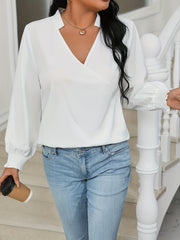  Solid Lantern Sleeve V Neck Top