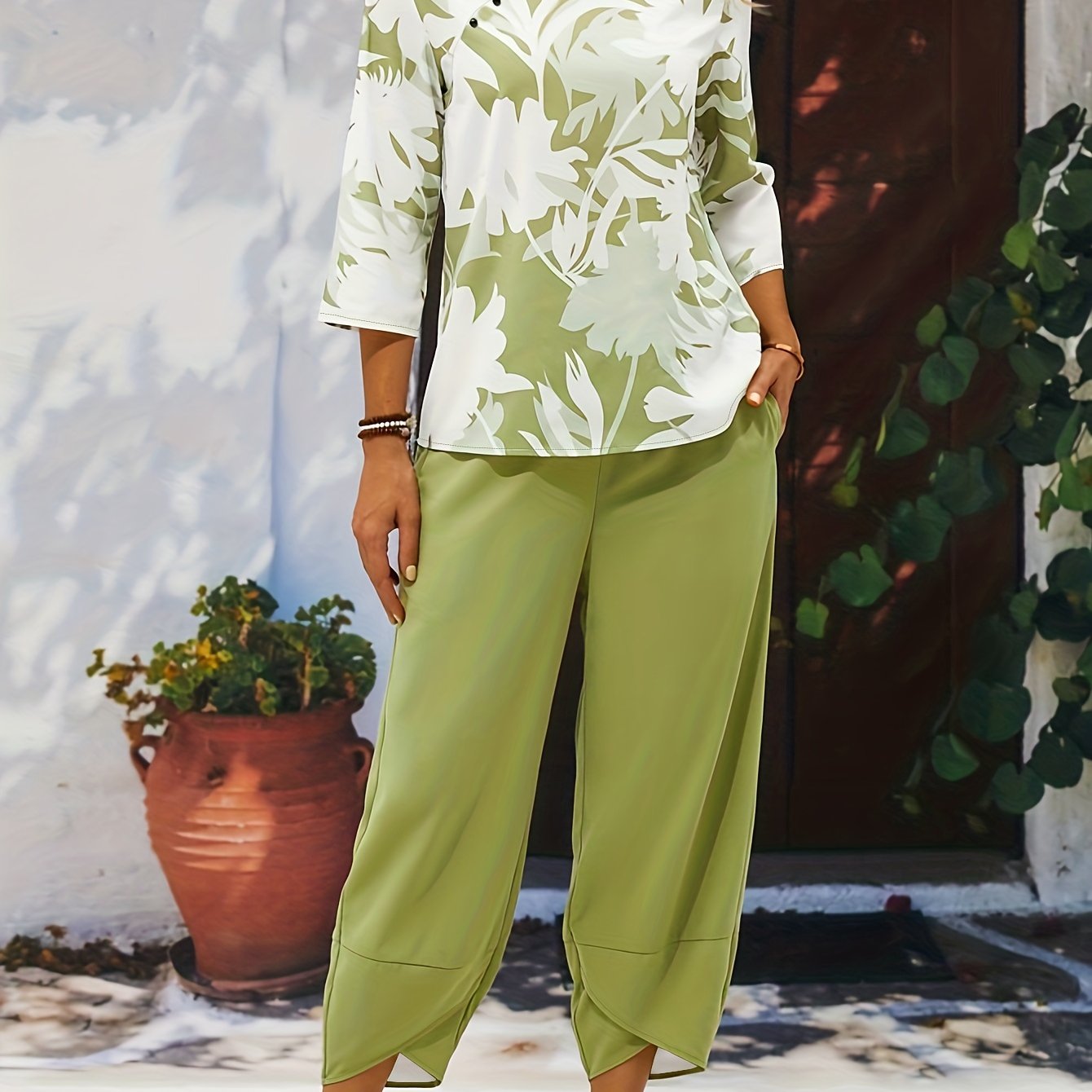 Plant Print 3/4 Sleeve Crew Neck Two Piece Set