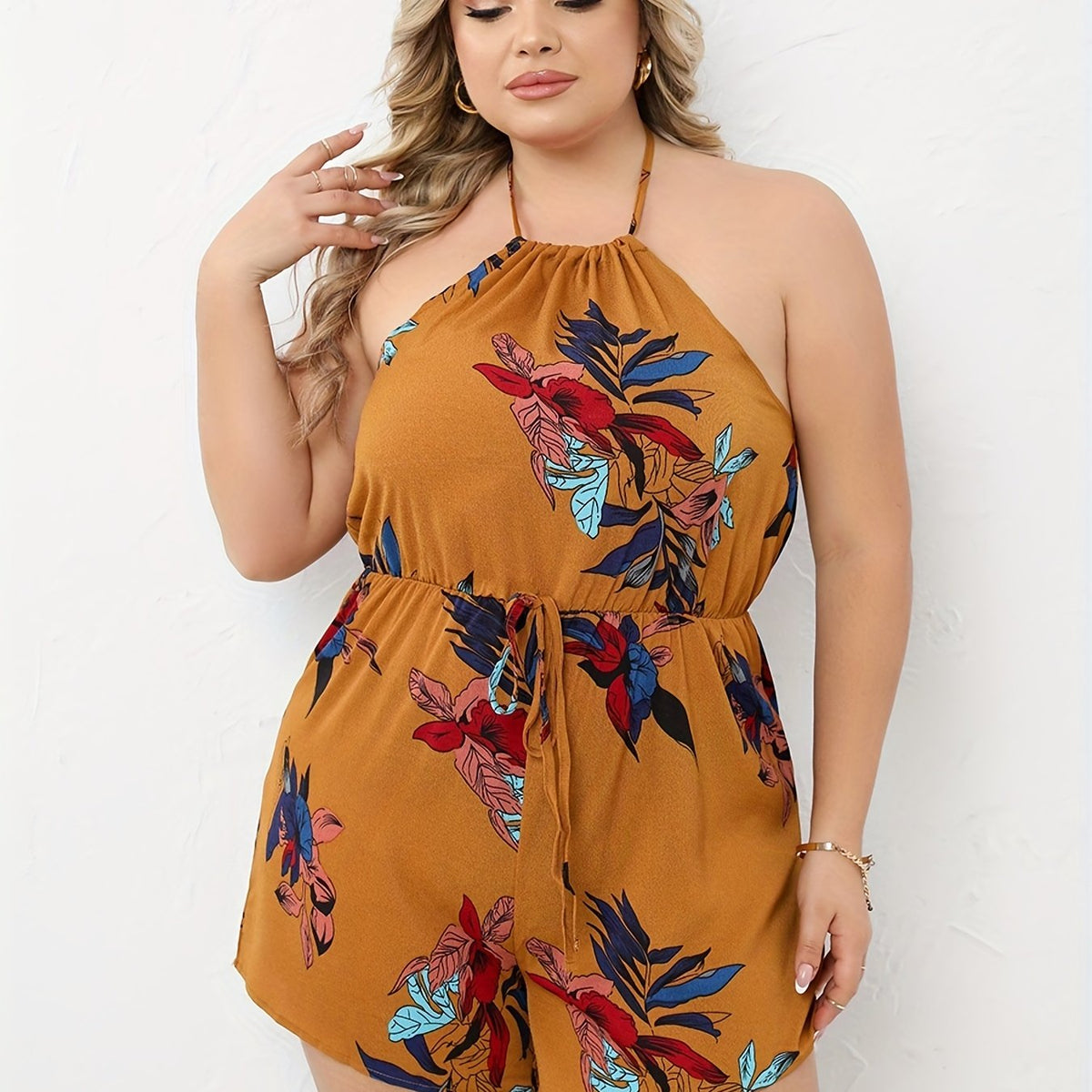  Leaf Print Halter Neck Backless Drawstring Romper