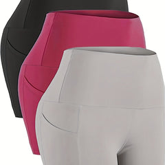3 Pack Plus Size Sports Shorts Women's Plus Solid Pipping Medium Stretch