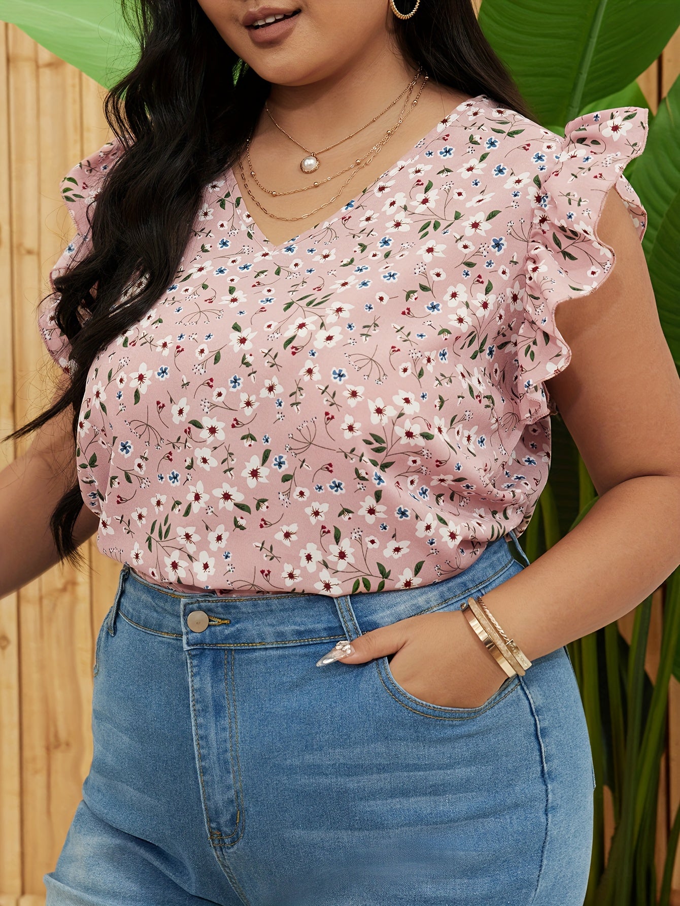  Boho Blouse Women's Plus Floral Print Ruffle Sleeve V Neck Top